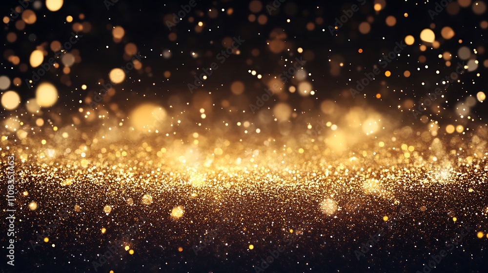 Naklejka premium Radiant Golden Sparkles Glitter and Bokeh Lights on Dark Background for festive, Holidays, Banner