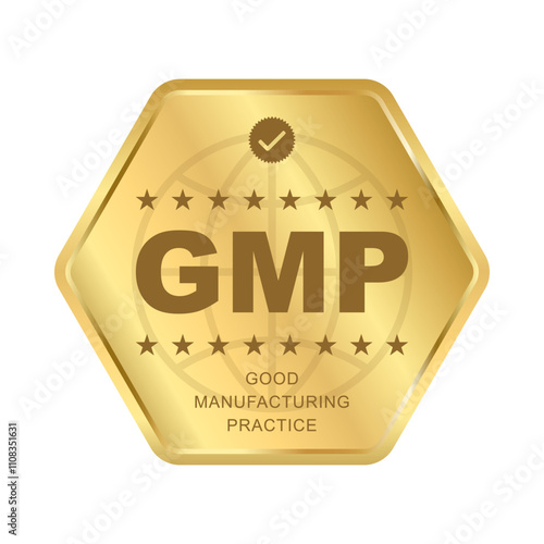 GMP Certified label ,Good Manufacturing Practice Gold Rounded Polygon shiny sticker Badge with stars, GMP Approved Label, Supplement, Quality Control, Medical And Health Design Element