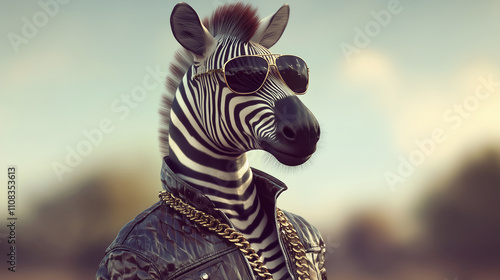 Cool Zebra in Sunglasses, Leather Jacket, Gold Chain