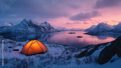 A camper relaxing in their tent, gazing out at a fjord surrounded by snow-dusted cliffs under a soft pink dawn sky, hd quality, cinematic tones, peaceful and immersive perspective. --ar 16:9 photo