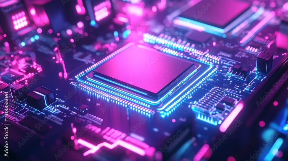Obraz premium Close-up of a glowing pink and blue central processing unit (CPU) on a circuit board.