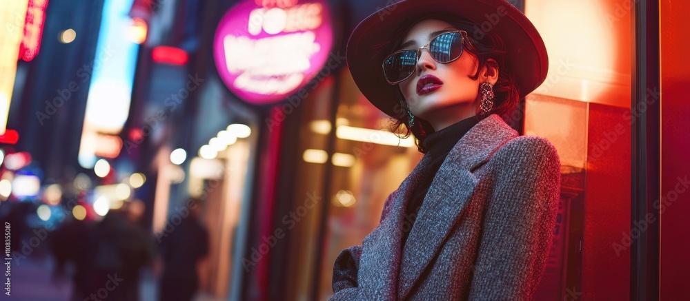 Stylish woman in hat and sunglasses poses on a city street at night. Stylish woman in hat and sunglasses poses on a city street at night.