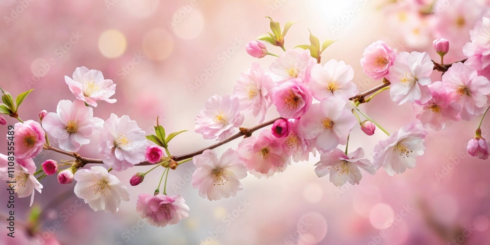 Fototapeta premium Delicate Pink Blossoms on a Branch with a Softly Blurred Background of Pink and White Lights