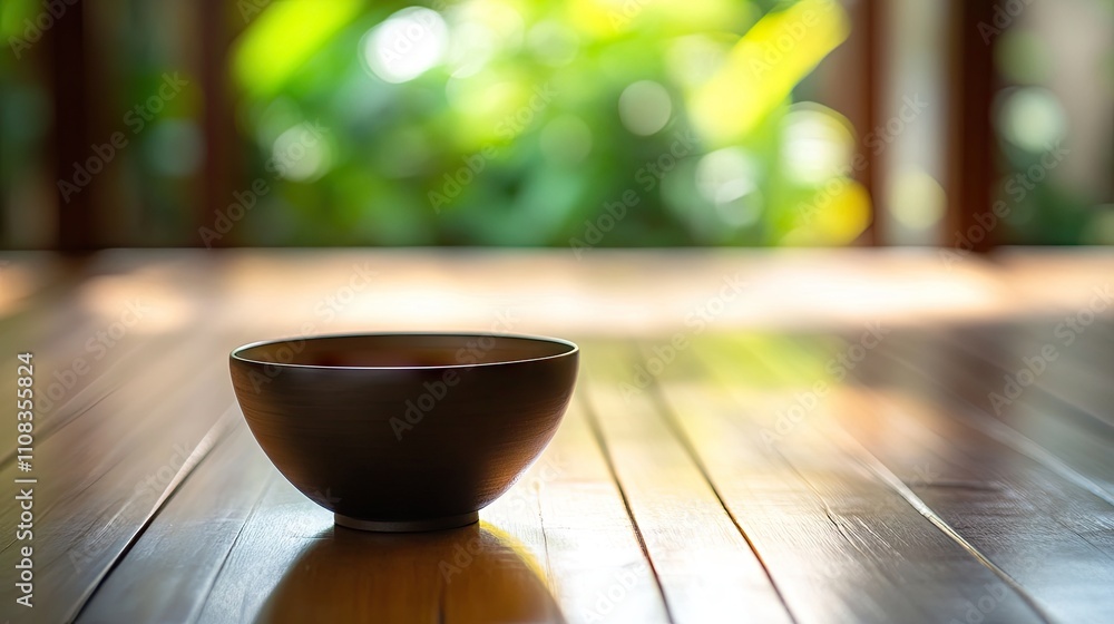 Simple Wooden Bowl on Floor with Natural Light and Green Background Simple Wooden Bowl on Floor with Natural Light and Green Background