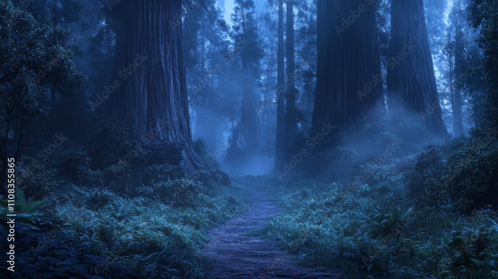 Obraz premium A Mystical Forest Path Under a Foggy Blue Sky