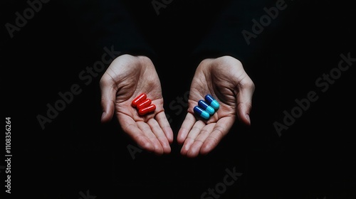 Hands Holding Red and Blue Pills Choice Decision Dilemma Medicine photo