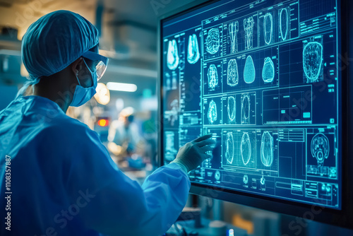 Female doctor looking at the screen images generated by a high-definition scanner