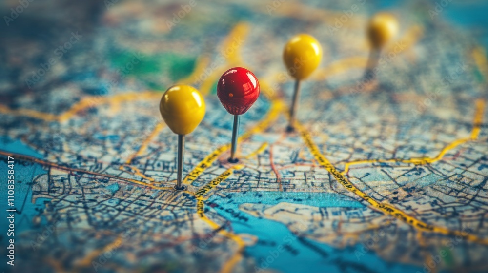 Planning a Trip: Colorful Pins on a Detailed Map Planning a Trip: Colorful Pins on a Detailed Map