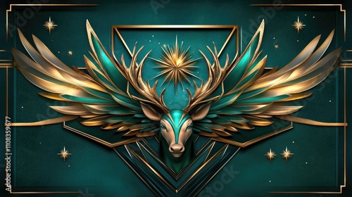 Elegant gold and teal geometric deer with wings and stars in art deco style