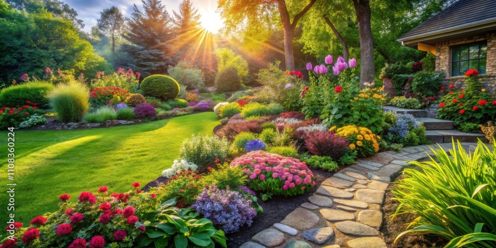 A picturesque landscape garden bathed in the golden glow of sunrise, featuring lush green lawns, vibrant flowerbeds, and a winding stone pathway leading to a charming stone house. A picturesque landscape garden bathed in the golden glow of sunrise, featuring lush green lawns, vibrant flowerbeds, and a winding stone pathway leading to a charming stone house.