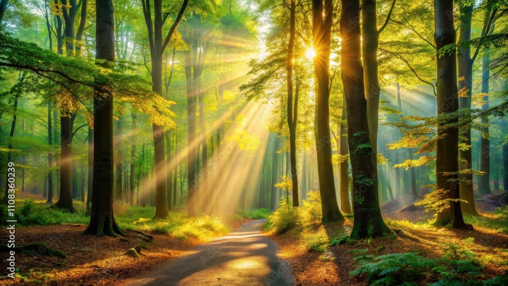 Obraz premium Sunlight streams through the dense canopy of a verdant forest, illuminating a winding path that leads deeper into the woods.