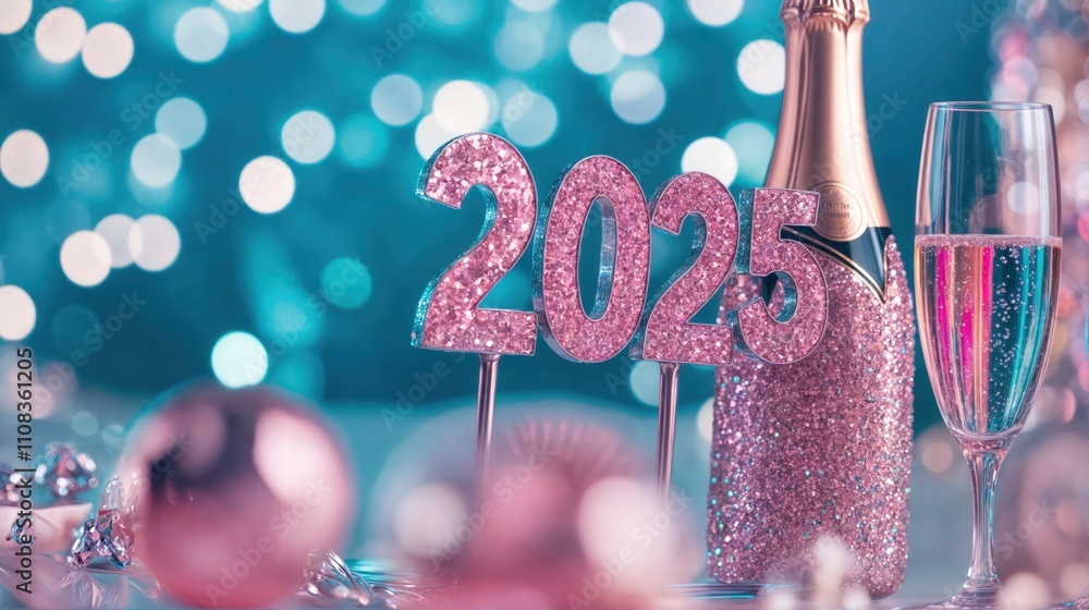 Shimmering pink 2025 numbers with champagne bottle and festive decorations for New Year celebration