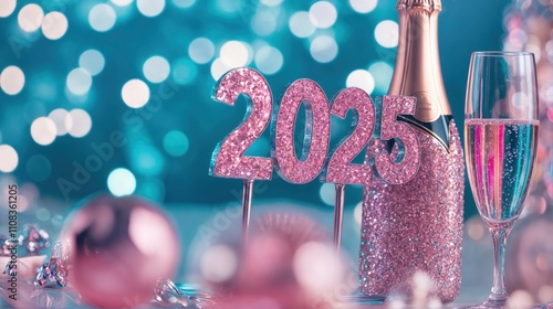 Obraz na płótnie Shimmering pink 2025 numbers with champagne bottle and festive decorations for New Year celebration
w salonie