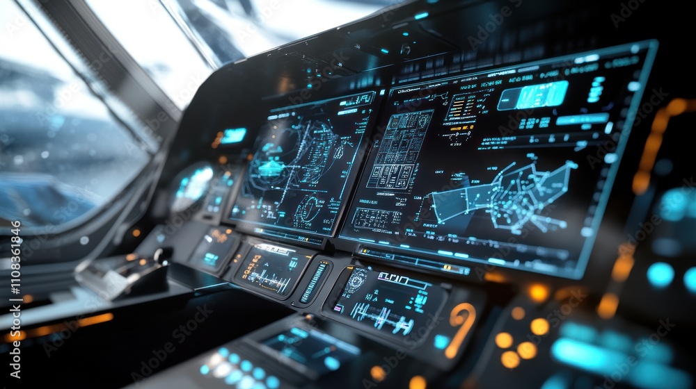 Fototapeta premium Futuristic aircraft cockpit with advanced digital displays and control panels.