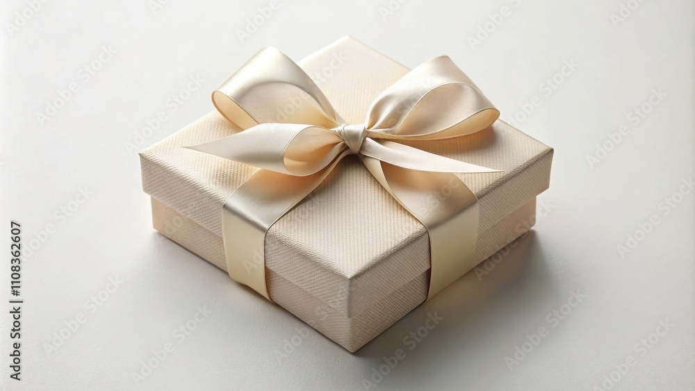 Fototapeta premium A simple, elegantly tied gift box with a soft, cream-colored ribbon, ready to be given for a special occasion.