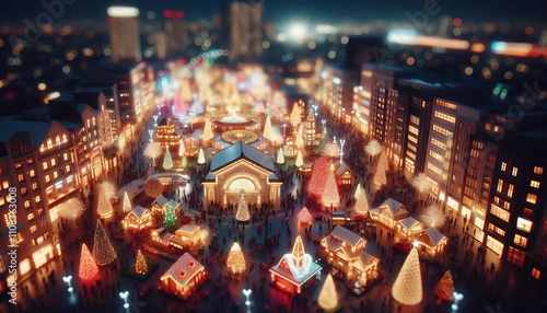 Christmas miniature with Tilt-Shift Photo effect. Christmas and New Year concept. Tilt-Shift effect of Christmas City night with many beautiful Christmas decorations and Christmas lights.
