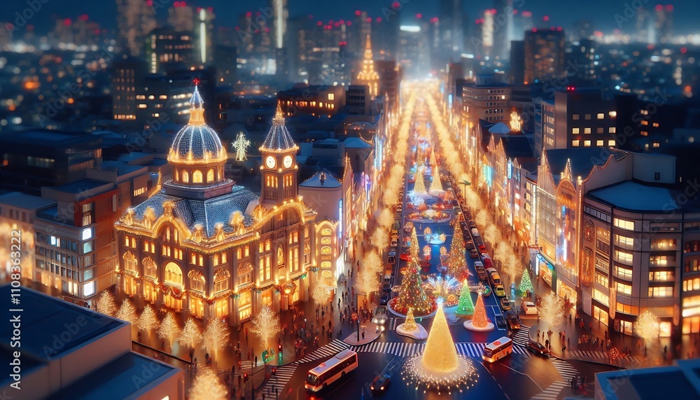 Obraz premium Christmas miniature with Tilt-Shift Photo effect. Christmas and New Year concept. Tilt-Shift effect of Christmas City night with many beautiful Christmas decorations and Christmas lights.