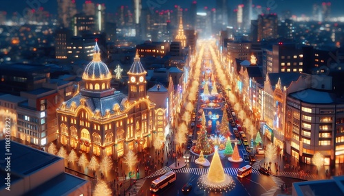 Christmas miniature with Tilt-Shift Photo effect. Christmas and New Year concept. Tilt-Shift effect of Christmas City night with many beautiful Christmas decorations and Christmas lights.