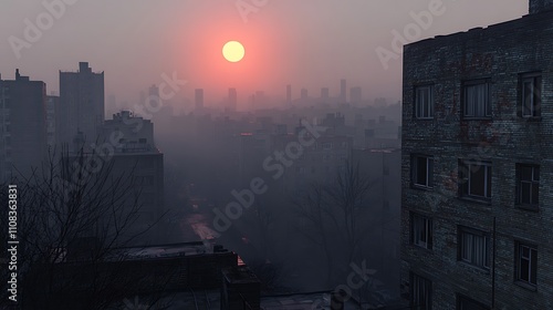 A city skyline cloaked in a gray haze of smog, the muted sun hanging low in the sky, its light filtered into soft, golden hues over the distant buildings, photorealistic details, cinematic framing.