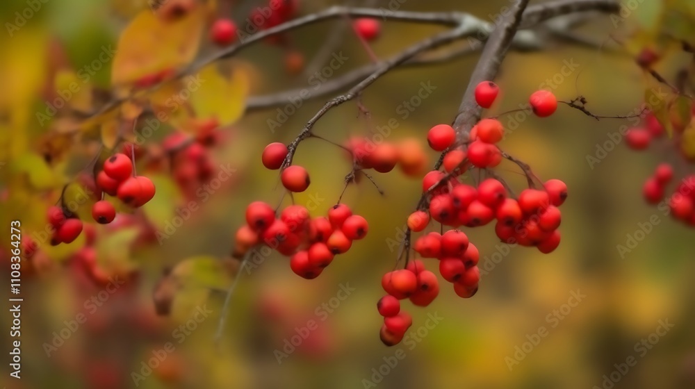 Obraz premium Red berries adorn autumn branches with yellow leaves