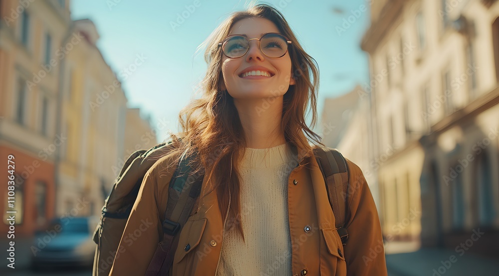 Fototapeta premium Cheerful young woman exploring the city street during a weekend trip, enjoying an adventurous sightseeing experience