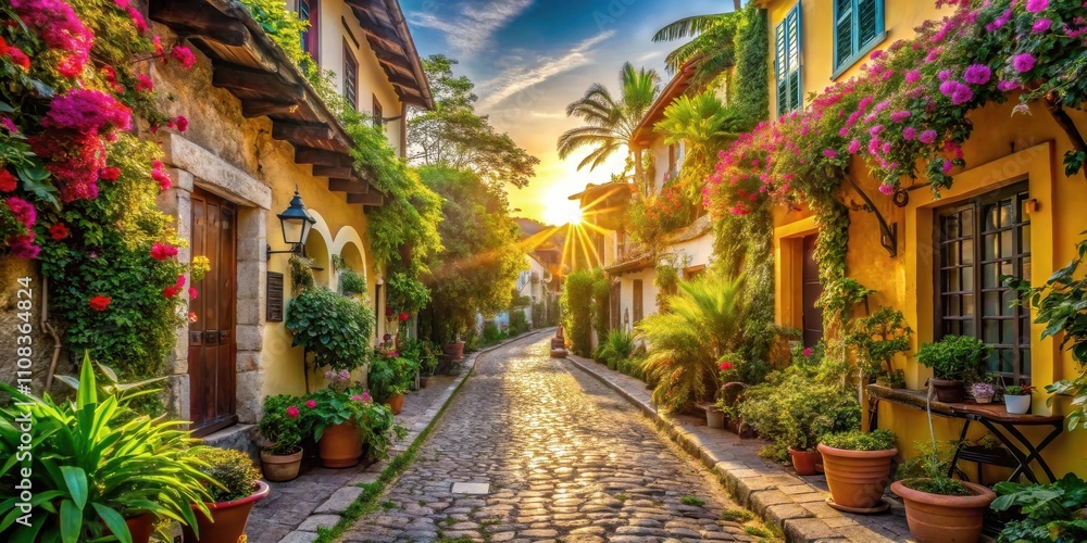 Fototapeta premium A picturesque cobblestone street lined with charming yellow houses, adorned with vibrant flowers, bathed in the golden glow of a setting sun.
