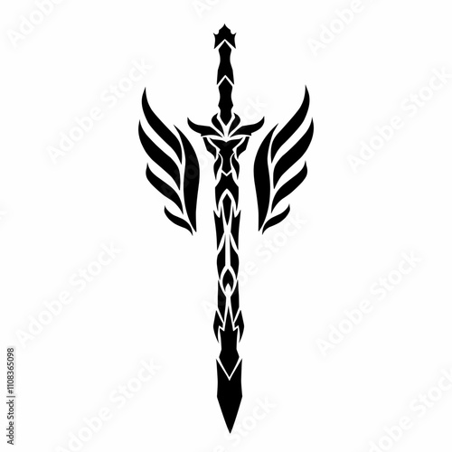 vector graphic illustration of tribal art design tattoo sword with a pair of wings