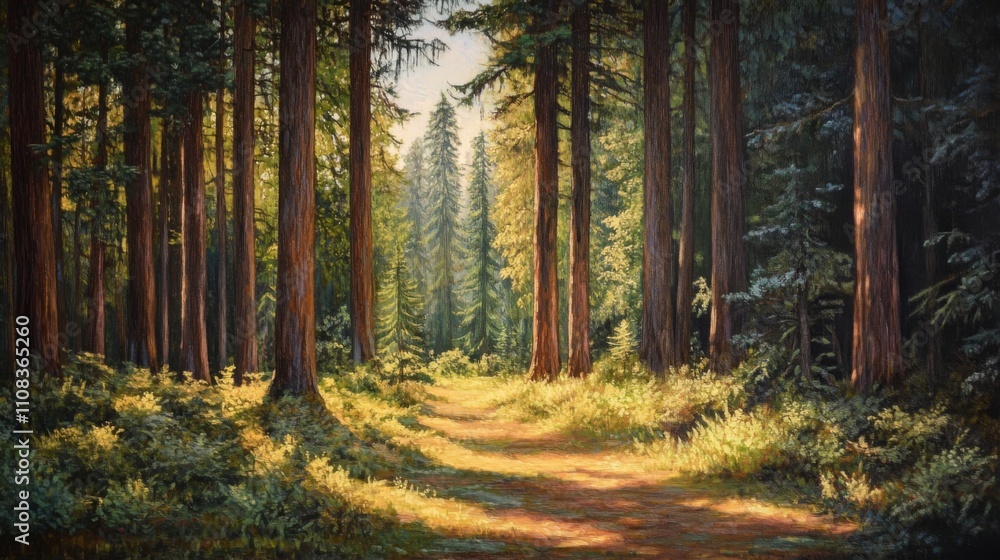 Obraz premium Sunlit Path Through a Dense Forest of Tall Trees