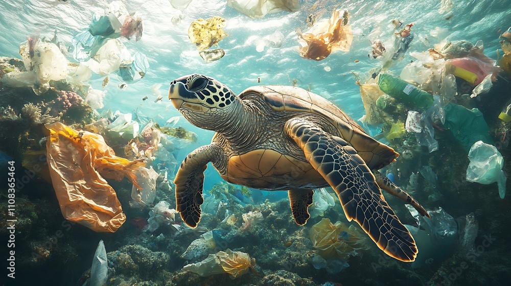 Fototapeta premium A desperate turtle tangled in plastic bags, struggling to move in a polluted ocean filled with vibrant yet harmful debris, the water cloudy and the sunlight weakly illuminating the scene,