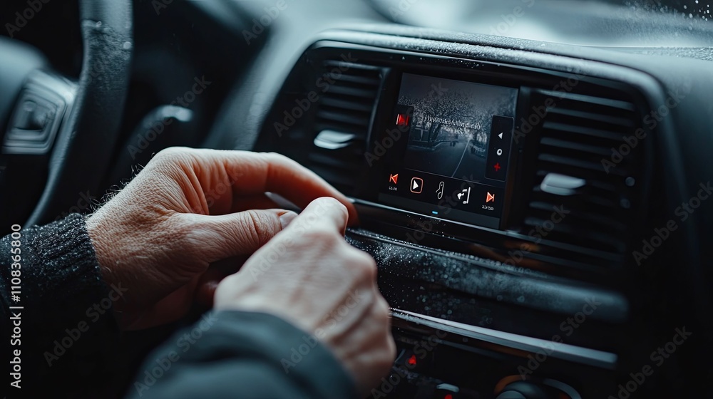 Fototapeta premium Hands Adjust Car Infotainment System Display