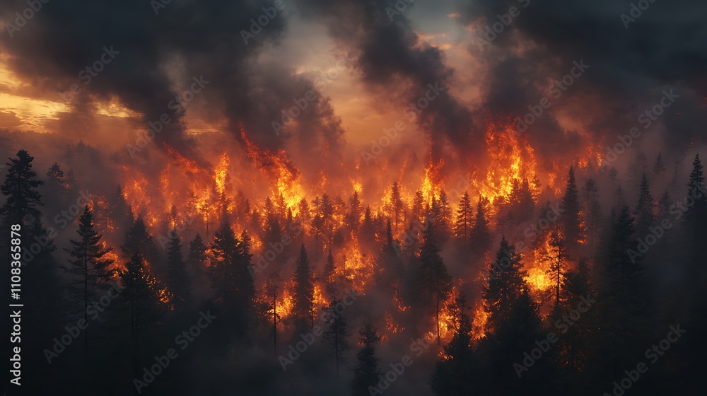 A forest ablaze under a cloudy sky, the smoke mingling with the clouds to create an eerie atmosphere, flames spreading rapidly across the landscape, photorealistic rendering, A forest ablaze under a cloudy sky, the smoke mingling with the clouds to create an eerie atmosphere, flames spreading rapidly across the landscape, photorealistic rendering,