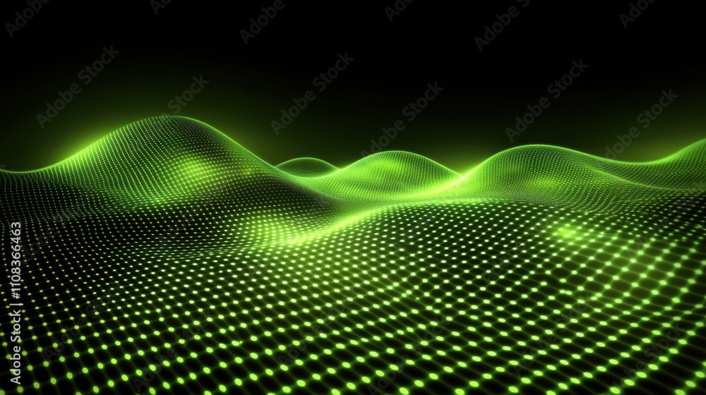 Obraz premium Green Abstract Wave Patterns with Dots on a Dark Background