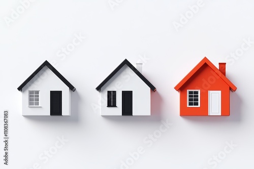 Minimalist model homes display with red and white designs on a plain background