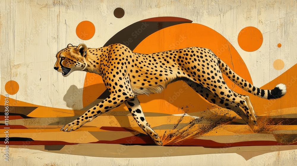 Obraz premium Vibrant Abstract Illustration of a Cheetah in Motion with Geometric Shapes and Earthy Tones