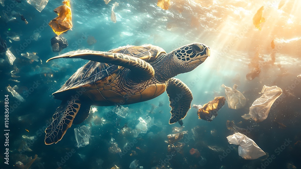 Obraz premium A sea turtle struggling to swim through a polluted ocean, surrounded by floating plastic bags and discarded debris, sunlight filtering weakly through the murky water, photorealistic details,