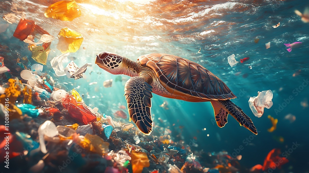 Fototapeta premium A sea turtle navigating through a polluted marine environment, with colorful plastic waste and bags drifting in the current, the sunlight creating a contrast between beauty and destruction,