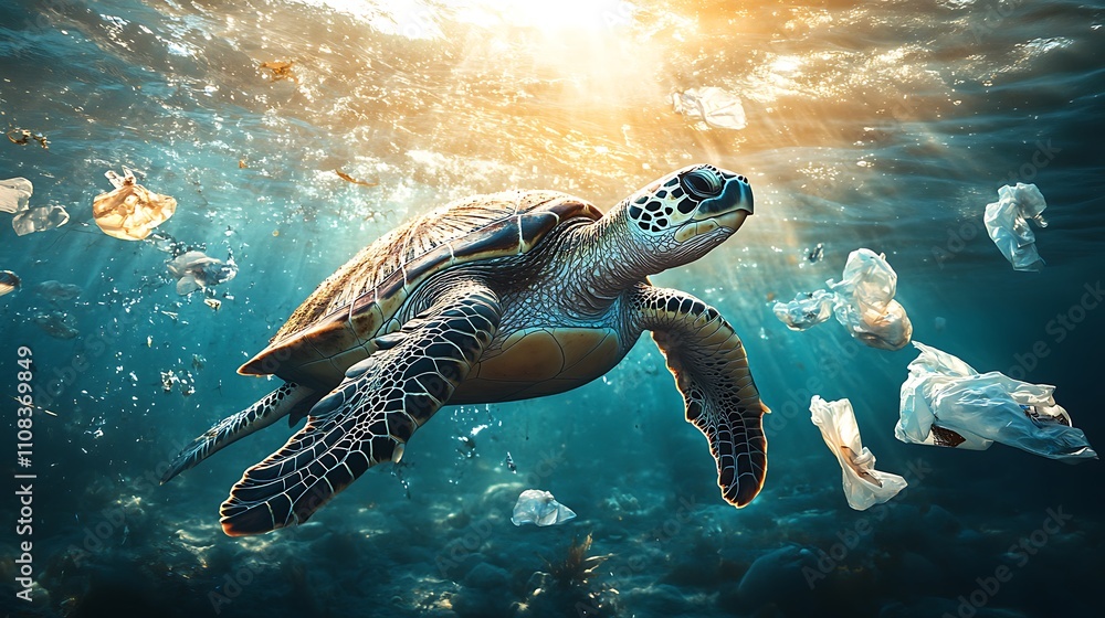 Fototapeta premium A sea turtle struggling to swim through a polluted ocean, surrounded by floating plastic bags and discarded debris, sunlight filtering weakly through the murky water, photorealistic details,