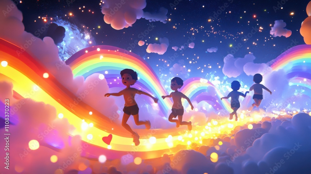 Children Running on Colorful Rainbow Path Through Dreamy Clouds Children Running on Colorful Rainbow Path Through Dreamy Clouds