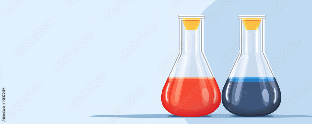 Laboratory flasks with red and blue liquids on light background Laboratory flasks with red and blue liquids on light background