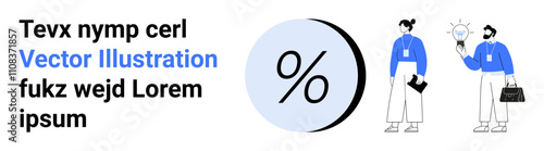 Two business professionals discussing ideas with a large percentage icon. Ideal for business presentations, financial analysis, marketing strategies, educational materials, team collaboration