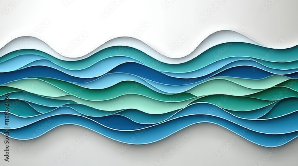 Fototapeta premium Colorful Layered Waves of Paper Art in Shades of Blue and Green for Design Use