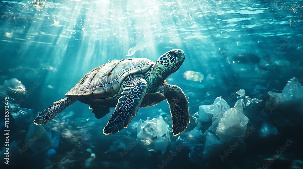 Fototapeta premium An underwater scene of a turtle entangled in plastic bags, the water filled with floating waste, the turtle's shell reflecting faint light rays from the surface, photorealistic textures,