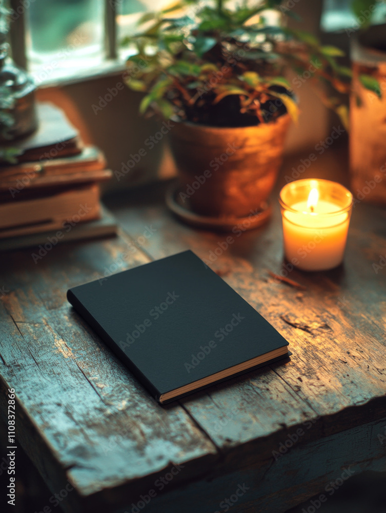 A black notebook rests on a rustic wooden table next to a lit candle and potted plant. The warm candlelight creates a cozy and inviting atmosphere. A black notebook rests on a rustic wooden table next to a lit candle and potted plant. The warm candlelight creates a cozy and inviting atmosphere.