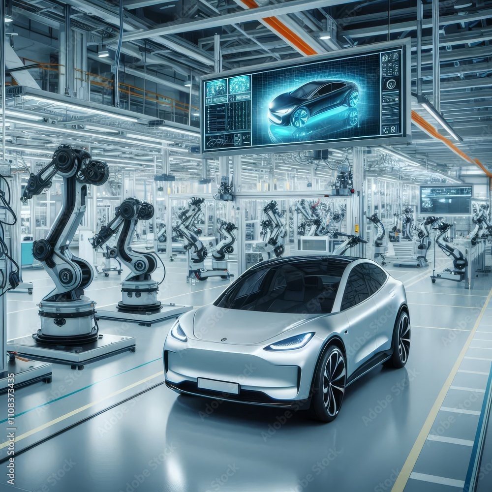 Obraz premium Modern electric car in a high-tech manufacturing facility showcasing advanced technology and robotics in automotive production