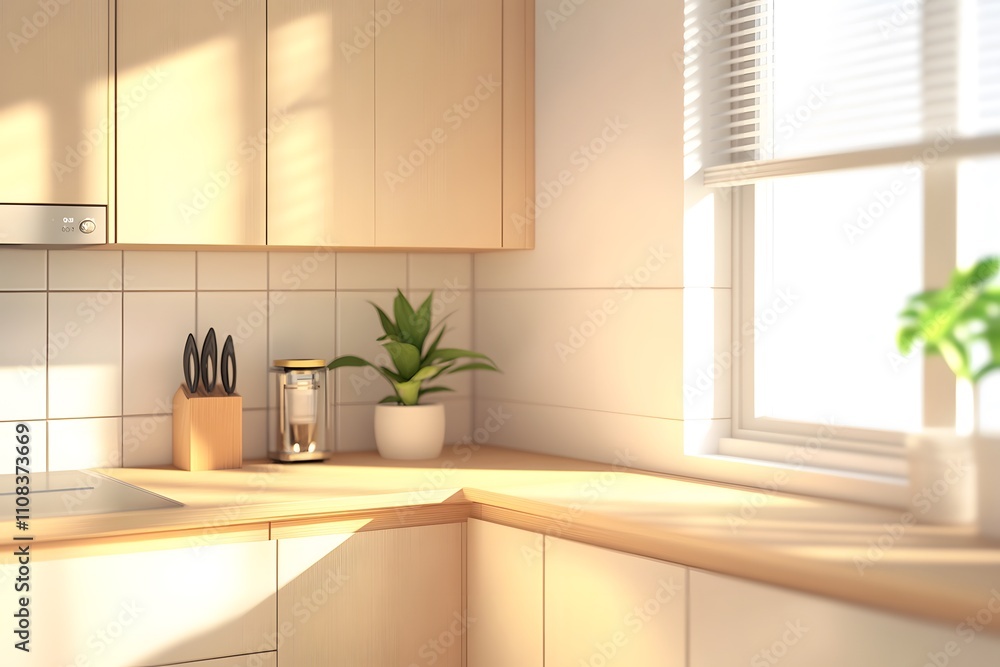 Fototapeta premium A bright kitchen corner with wooden surfaces, plants, and kitchen tools.