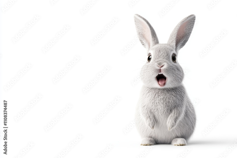 Obraz premium Adorable fluffy white bunny with open mouth on white background