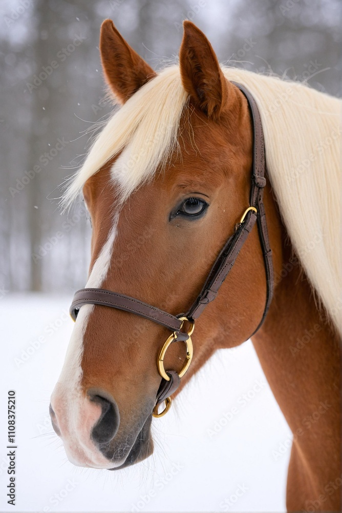 Obraz premium A brown and white horse with a white mane and a bridle stands in a snowy field, gazing directly at the camera.