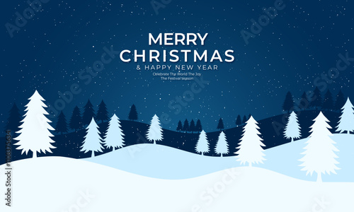 Abstract Christmas winter night Scenery background with snowflake and tree cartoon illustration decorative