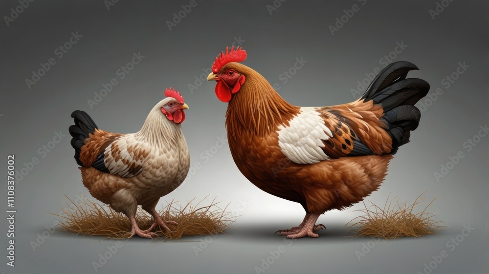 Fototapeta premium Here's a possible and keyword list for your image.. Rooster and hen, domestic fowl, farm animals.