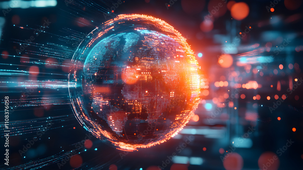 Obraz premium A glowing holographic globe with data patterns and statistics hovering above it